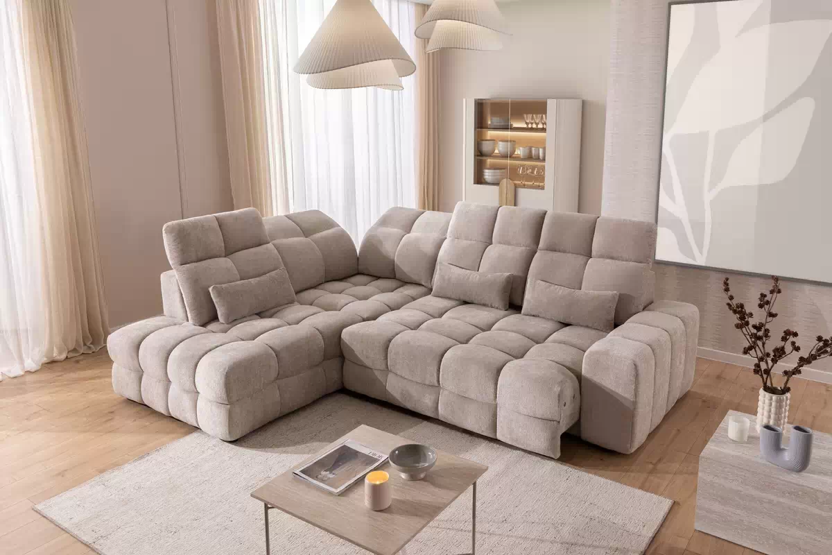 Rohová pohovka Magnelio Prestige L levá s elektrickým výsuvem sedáku - béžový szenil Perfect Harmony 07 Rohová sedací souprava levá Magnelio Prestige L z elektricky wysuwanym sedadlem - béžová šenil Perfect harmony 07
