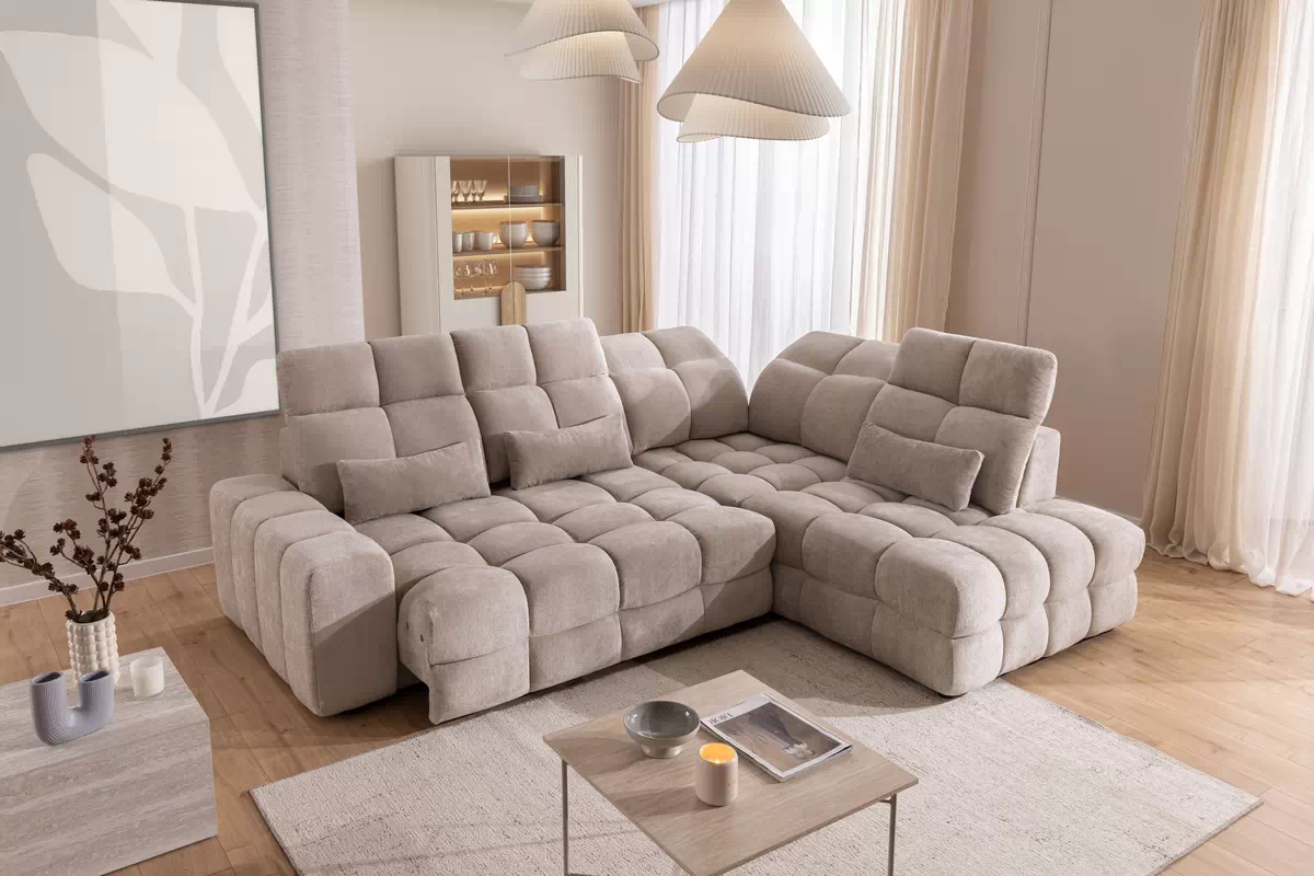 Rohová pohovka Magnelio Prestige L pravá s elektrickým výsuvem sedáku - béžový szenil Perfect Harmony 07 Rohová sedací souprava pravá Magnelio Prestige L z elektricky wysuwanym sedadlem - béžová šenil Perfect harmony 07