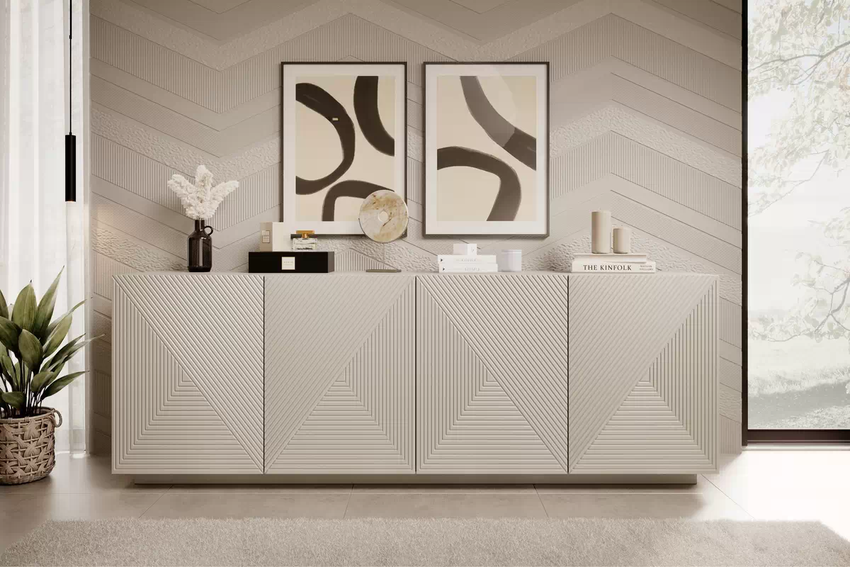 Moderní Komoda Asha s frézovanými frontem 200 cm - kašmír Komoda do obývacího pokoje