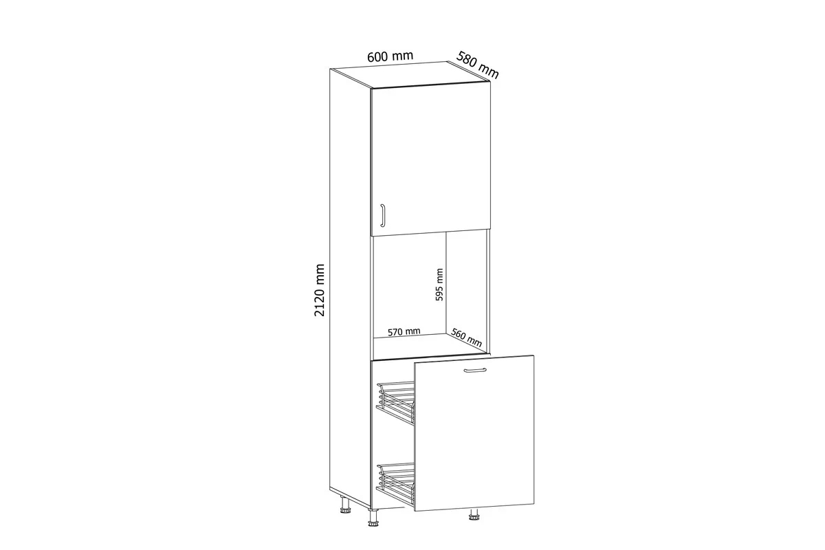 Linea D60P - Skrinka pre vstavanú rúru so zásuvkou cargo regál Kuchynský  pod zabudowe piekarnika s košíkom cargo Linea D60P - Rozmery 