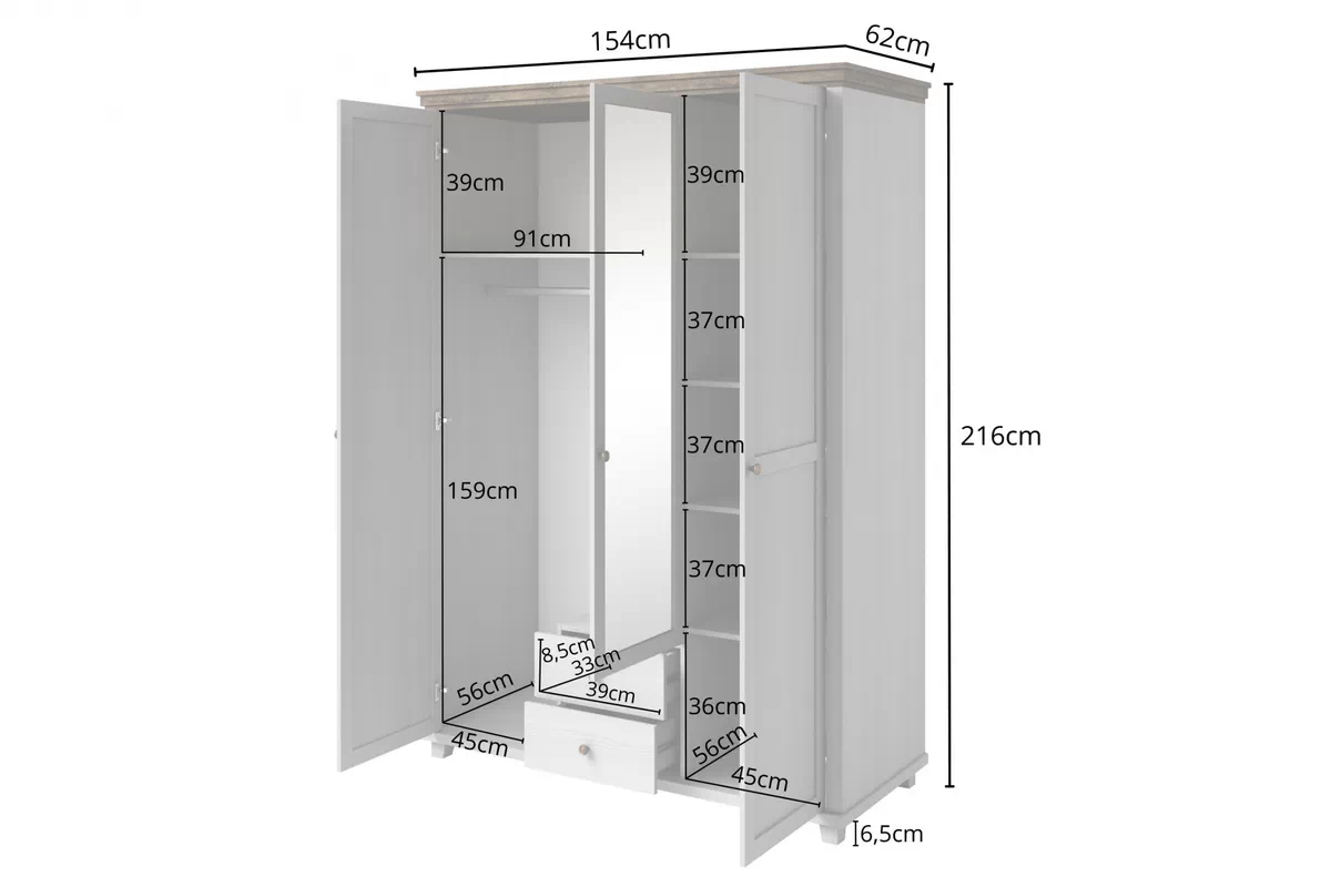 Skriňa so zrkadlom Evora 19 - abisko ash / dub lefkas - 154 cm Skriňa Evora 19 z zrkadlom i zásuvkami 154 cm - abisko ash / Dub Lefkas