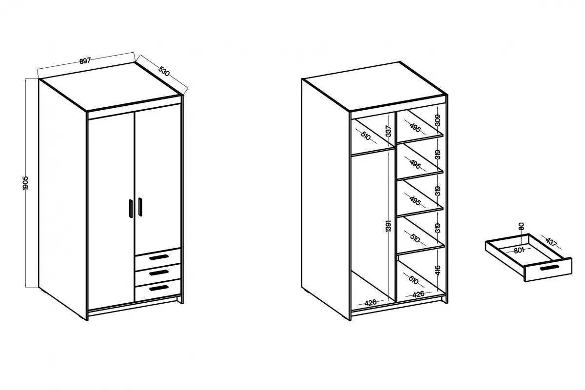 Ruhásszekrény Luiza 2D3S fiokokkal 90 cm - fehér ruhásszekrény Lena 2D3S fiokokkal 90 cm - fehér