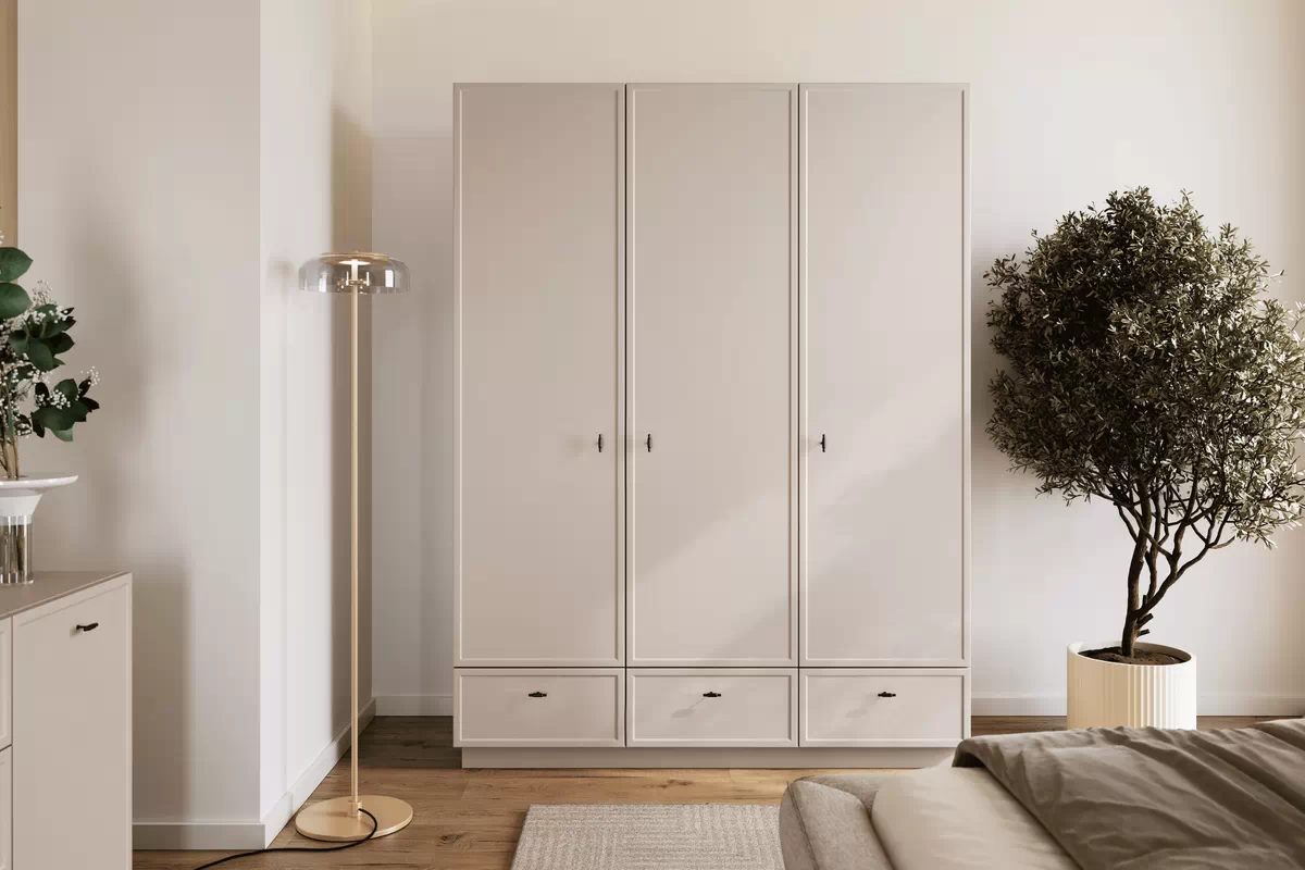 Šatníková skriňa Lorini 150 cm s policami - kašmír / čierne úchytky T-bar Skriňa Lorini 150 cm z policami - kašmír / čierny úchyty T-bar