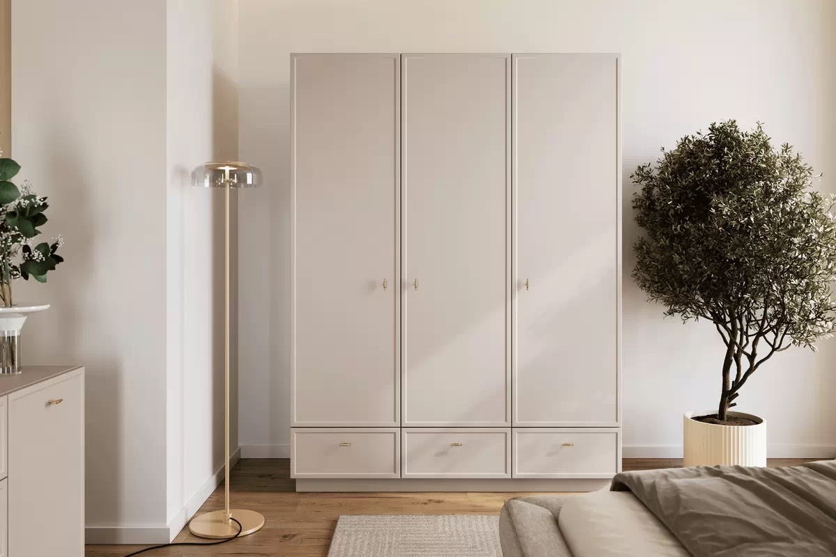 Šatní skříň Lorini 150 cm s policemi - kašmír / zlaté úchyty T-bar skříň Lorini 150 cm z policemi - kašmír / zlote Úchytky T-bar
