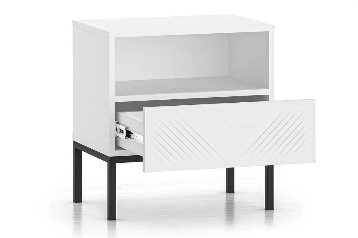Noční stolek Pingli 05 se zásuvkou 50 cm - Bílý mat / Černý Rošt Noční stolek Pingli 05 z szuflada 50 cm - Bílý mat / Černý Rošt