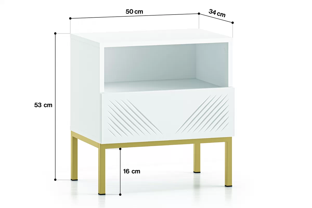 Noční stolek Pingli 05 se zásuvkou 50 cm - Bílý mat / zlatý Rošt Noční stolek Pingli 05 z szuflada 50 cm - Bílý mat / zlatý Rošt