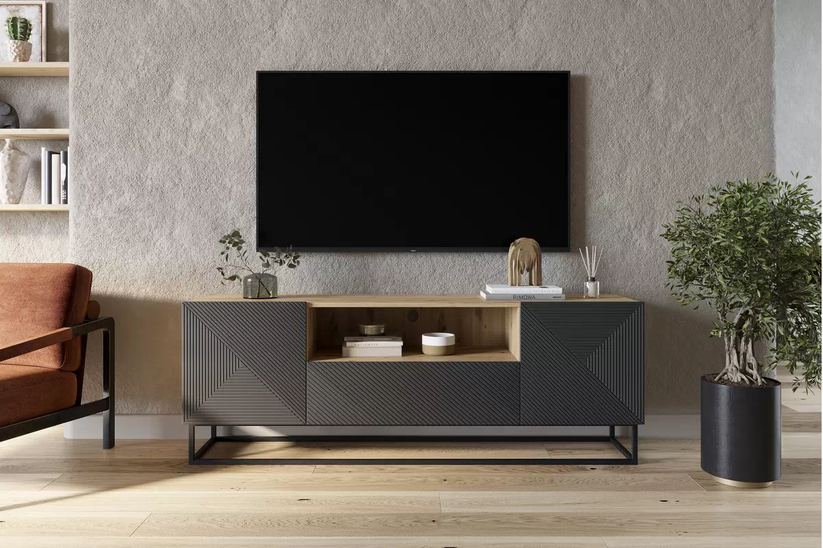 TV stolík Asha 167 cm s kovovými nohami - artisan/rivier stone mat TV skrinka Asha 167 cm z szuflada i metalowym stelazem - artisan / rivier stone mat