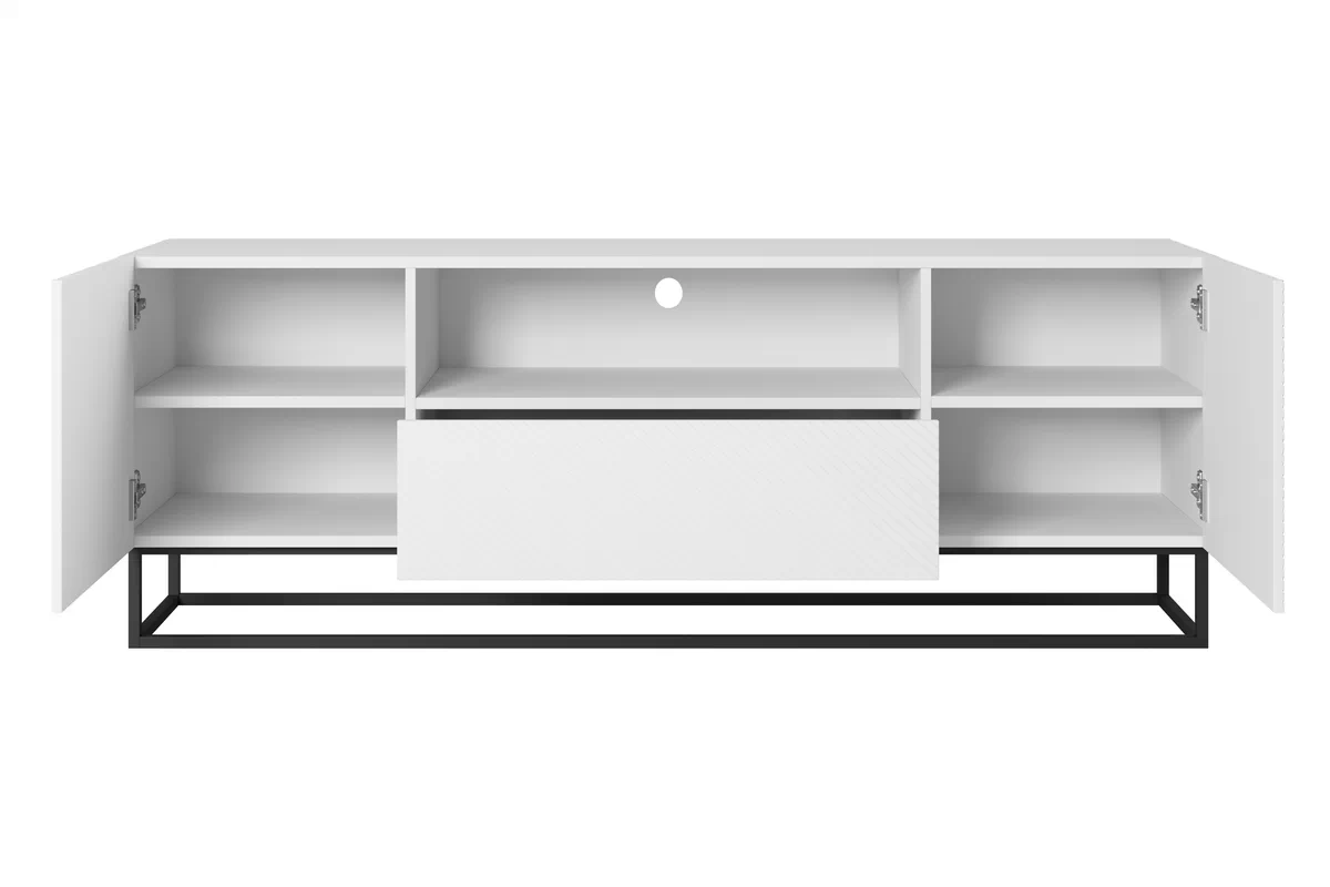 TV stolík Asha 167 cm na čiernom podstavci s otvorenou policou - biely mat TV skrinka Asha 167 cm z szuflada i metalowym stelazem - biely mat