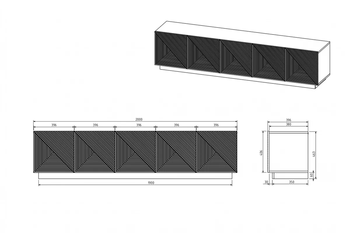 TV stolek Asha 200 cm - dub artisan / černý mat Skříňka RTV Asha 200 cm pieciodrzwiowa s frézovanou přední částí - artisan / černá mat