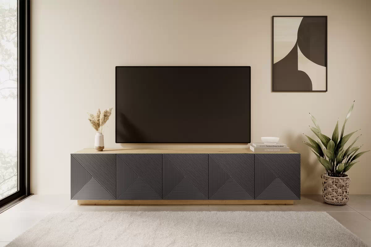 TV stolík Asha 200 cm na sokli - artisan / rivier stone mat TV skrinka Asha 200 cm pieciodrzwiowa s frézovaným frontom - artisan / rivier stone mat