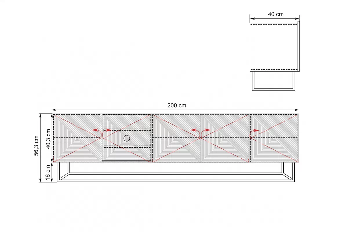 Asha TV-szekrény 200 cm fém kereten - artisan / fekete matt TV-szekrény Asha 200 cm z ryflowanym frontem i metalowym, czarnym stelazem - artisan / matt fekete