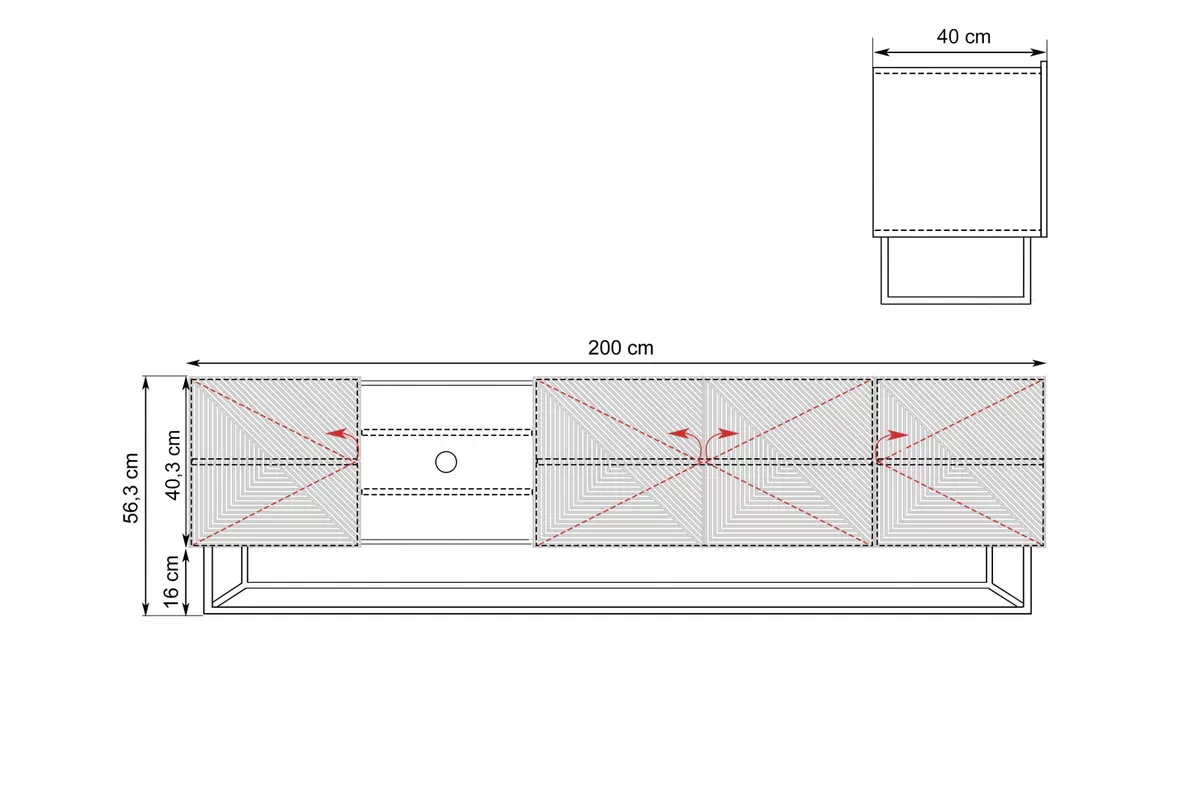 TV stolek Asha 200 cm s výklenkem - dub artisan / černý mat / černý kovový podstavec skříňka RTV Asha ryflowana z wneka i metalowym stelazem 200 cm - artisan / černá mat