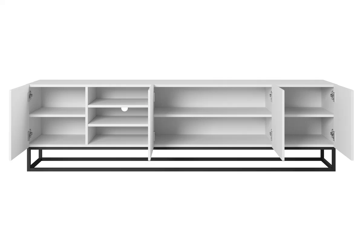 TV stolek Asha 200 cm s výklenkem - bílý mat / černý kovový podstavec Skříňka RTV Asha ryflowana z wneka i metalowym stelazem 200 cm - bílý mat