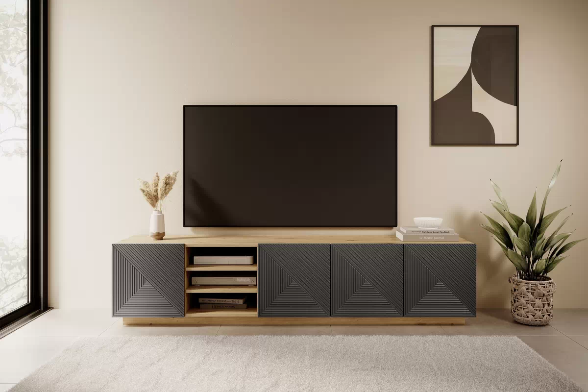 TV stolík Asha 200 cm na sokli s 3 otvorenými policami - artisan / rivier stone mat TV skrinka Asha s frézovaným frontom i wneka 200 cm - artisan / rivier stone mat