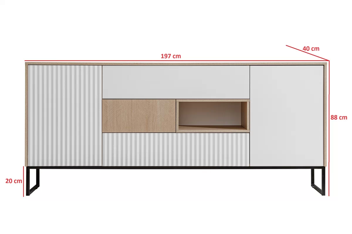 TV stolek Bliwon F01 s zásuvkami 197 cm - jodelka scandi / Bílý mat Skříňka RTV Bliwon F01 s zásuvkami 197 cm - jodelka scandi / Bílý mat