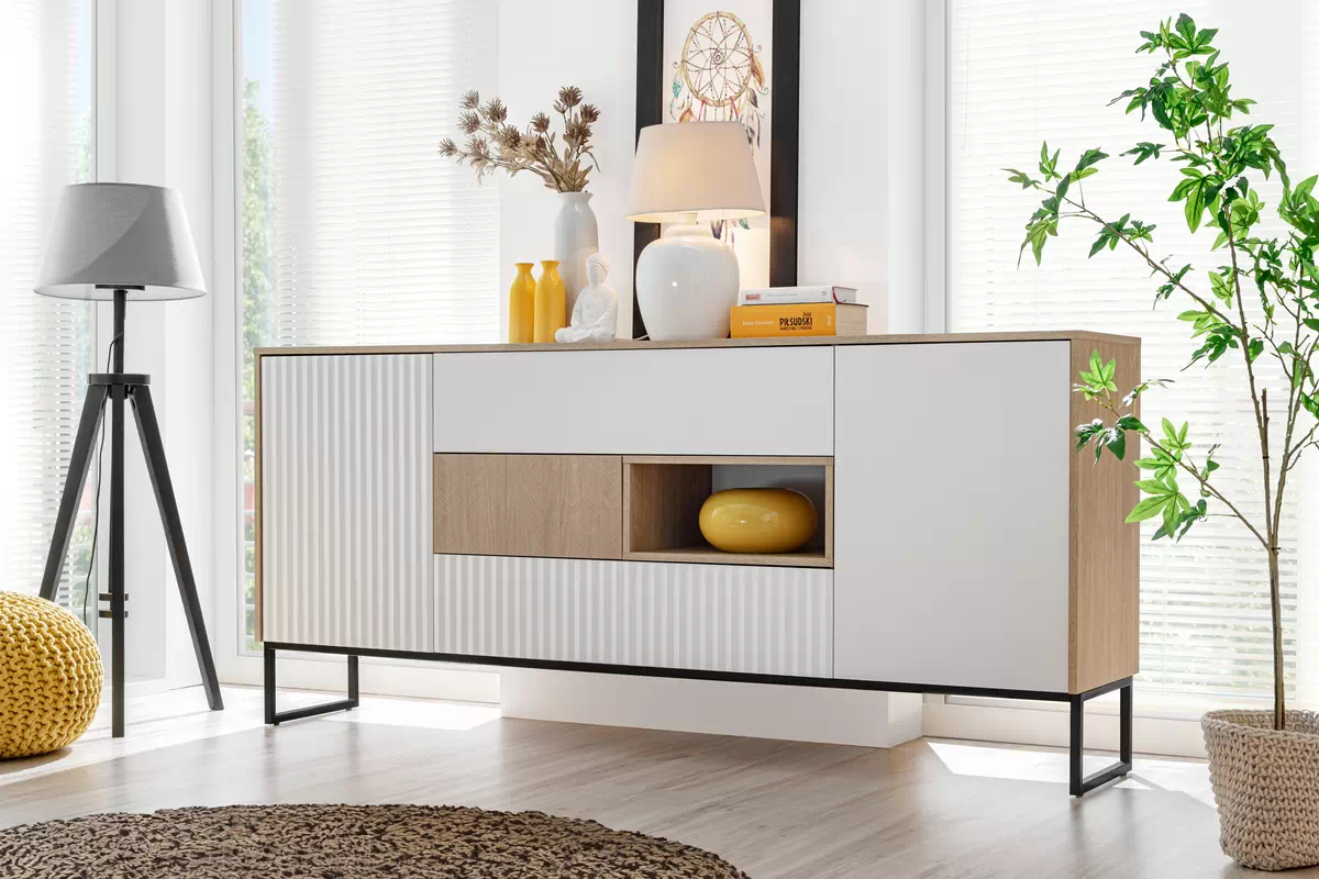 TV stolík Bliwon F01 so zásuvkami 197 cm - jedľa scandi / biely mat TV skrinka Bliwon F01 so zásuvkami 197 cm - jodelka scandi / biely mat