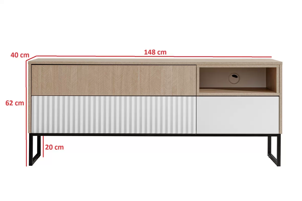 TV stolek Bliwon F02 s zásuvkami 148 cm - jodelka scandi / Bílý mat Skříňka RTV Bliwon F02 s zásuvkami 148 cm - jodelka scandi / Bílý mat