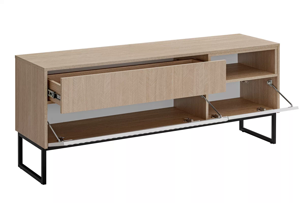 TV stolek Bliwon F02 s zásuvkami 148 cm - jodelka scandi / Bílý mat Skříňka RTV Bliwon F02 s zásuvkami 148 cm - jodelka scandi / Bílý mat