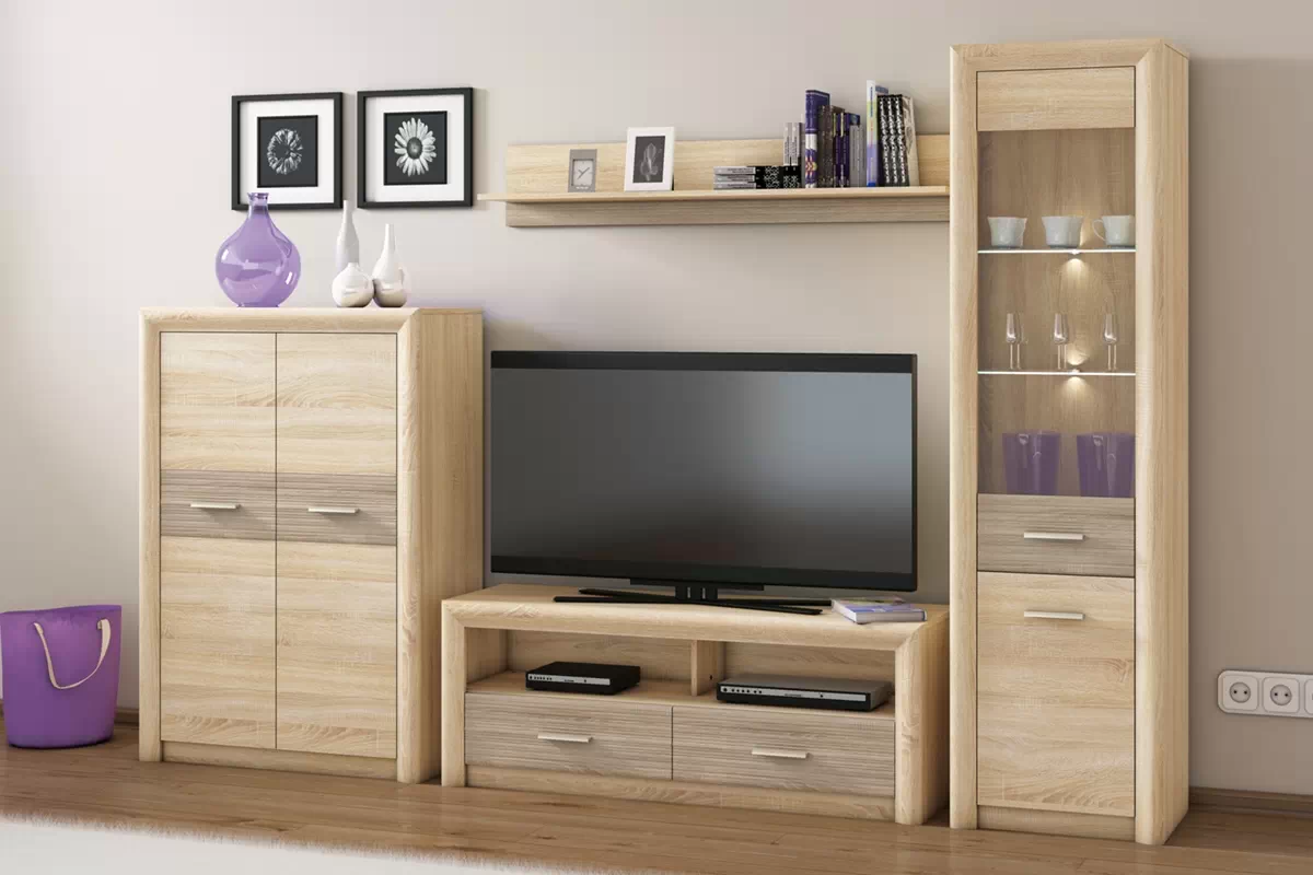 TV stolek Mogazi 13 - 138 cm - světlý dub sonoma / lanýžový dub sonoma Skříňka RTV Castel 13 s zásuvkami i wnekami 138 cm - Světlá sonoma/ sonoma truflowa