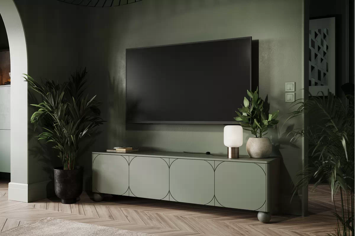 TV stolík Sonatia II 200 cm s 2 ukrytými zásuvkami - olivová TV skrinka do izby