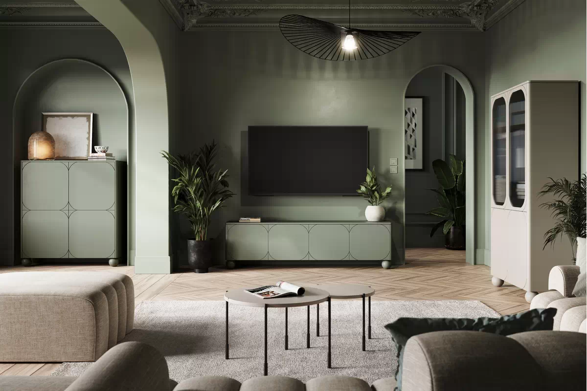 TV stolík Sonatia II 200 cm s 2 ukrytými zásuvkami - olivová TV skrinka do obývacej izby