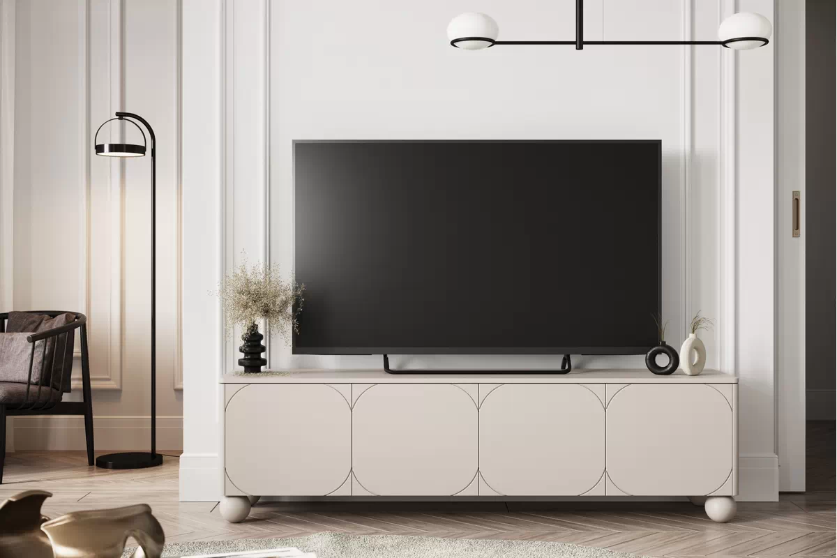 TV stolík štvordverový s ukrytou zásuvkou Sonatia II 200 cm - kašmírová TV skrinka do izby
