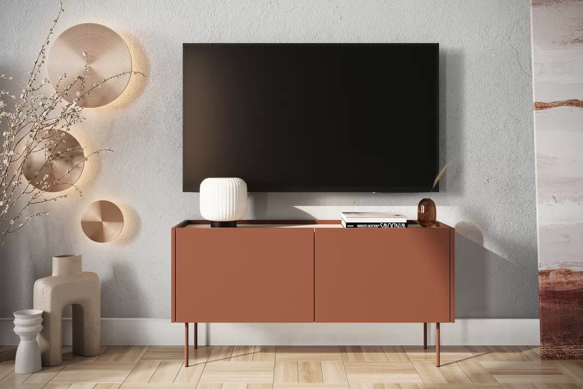 TV skříňka Desin 120 - ceramic red / Dub nagano skříňka RTV Desin 120 cm z metalowymi nogami - Červený / ceramic red / dub nagano