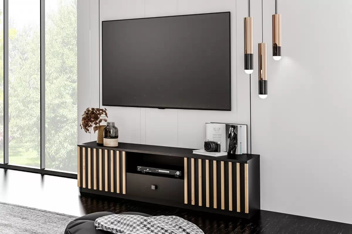 TV stolík s lamelami Latte LE - artisan/Čierny TV skrinka Latte z lamelami 140 cm - Dub artisan / Čierny