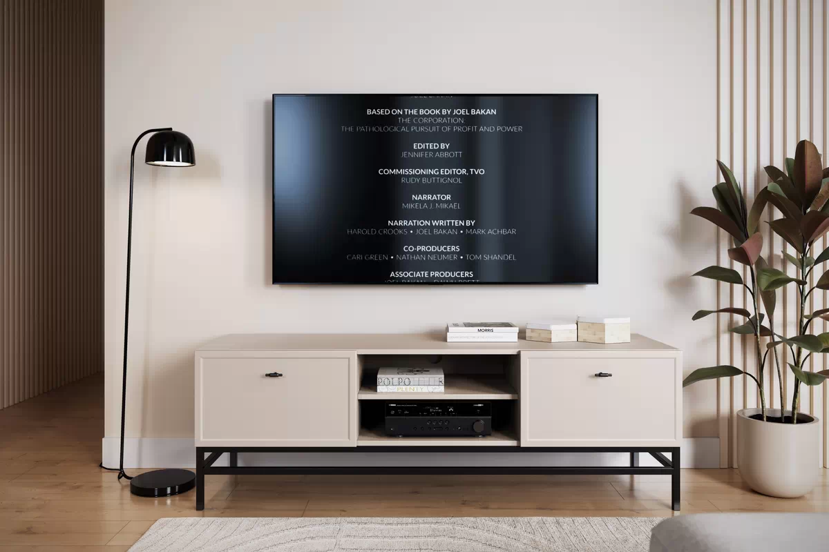 TV stolek Lorini 150 cm se zásuvkami – kašmír / černé úchyty T-bar / černá konstrukce skříňka RTV Lorini 150 cm se zásuvkami - kašmír / černá Úchytky T-bar / Rošt
