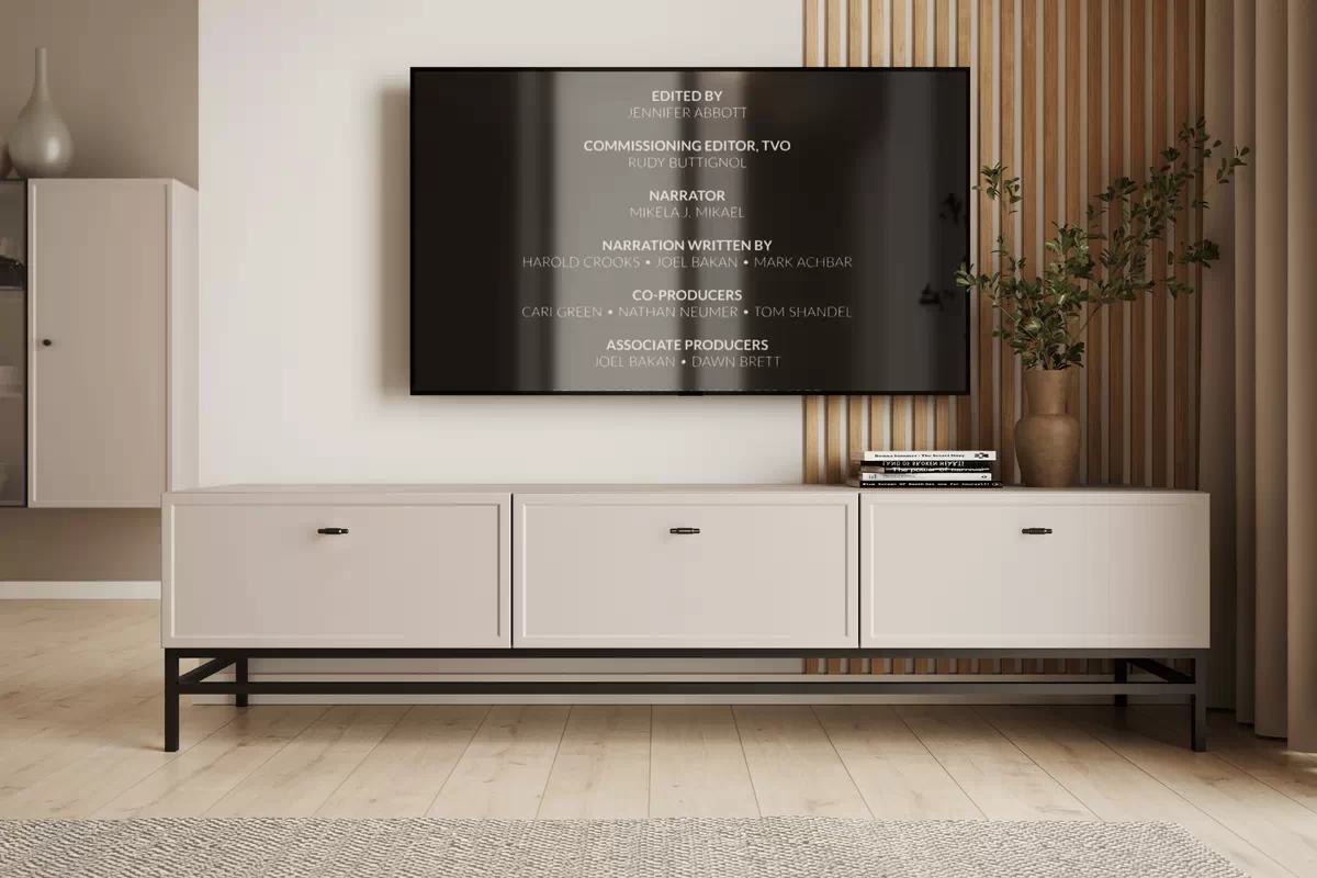 TV stolek Lorini 200 cm se zásuvkami – kašmír / černé úchyty T-bar / černá konstrukce skříňka RTV Lorini 200 cm se zásuvkami - kašmír / černá Úchytky T-bar / Rošt