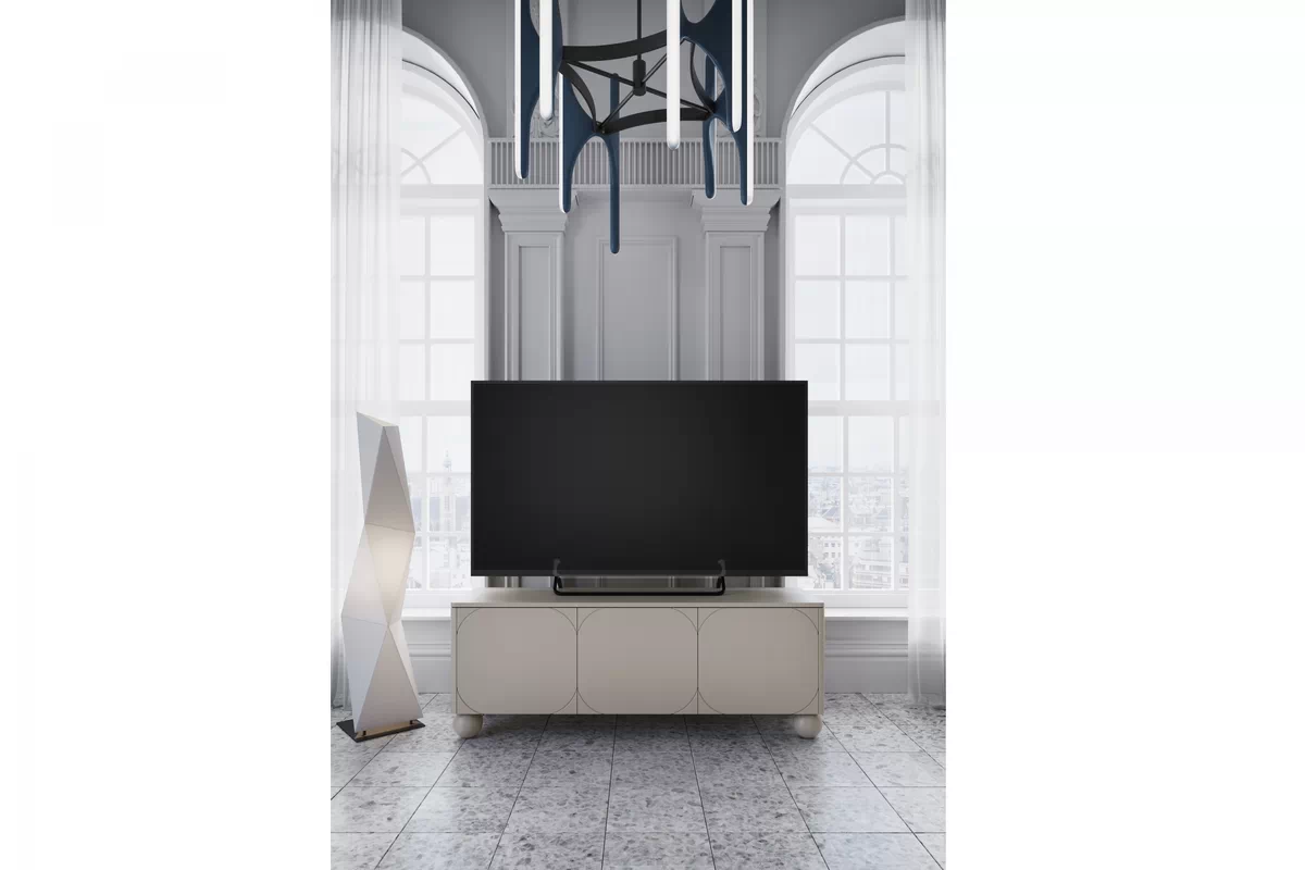 TV stolík Sonatia II trojdverový s ukrytou zásuvkou 150 cm - kašmírová TV skrinka do izby