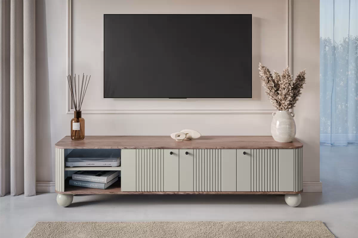 TV stolek Vesper 3D 187 cm - kašmírová / ořech / černé úchytky / kašmírové nožky koule Skříňka RTV Vespera 3D 187 cm - kašmír / ořech / černá Úchytky / kaszmirowe Nohy kule