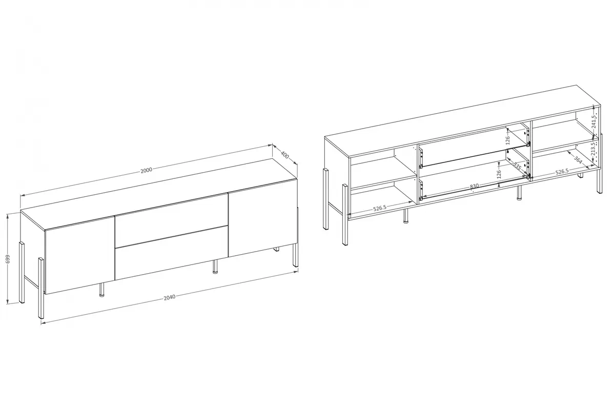 TV skrinka Wezilo 40 so zásuvkami 204 cm - Biely supermat / čierny nožičky TV skrinka Wezilo 40 so zásuvkami 204 cm - Biely supermat