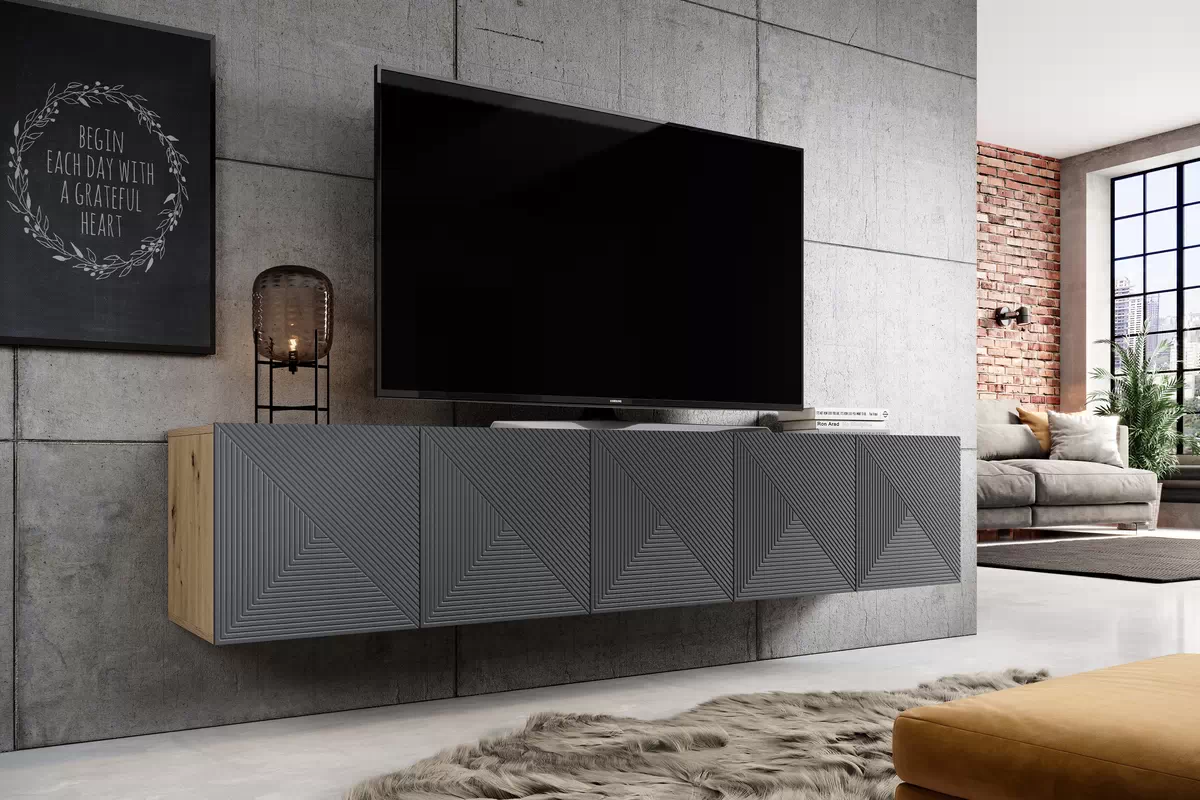 Závesný TV stolík Asha 200 cm - artisan / rivier stone mat TV skrinka závesná Asha 200 cm s frézovaným frontom - artisan / rivier stone mat