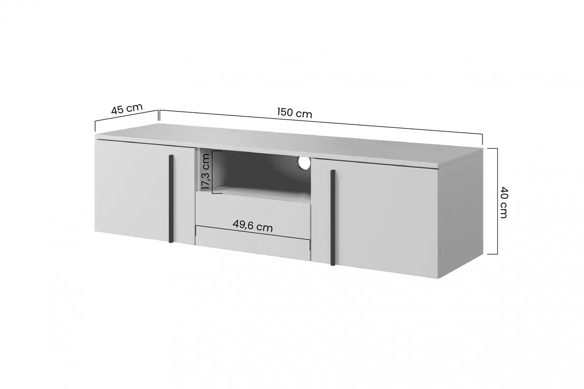 Závěsná RTV skříňka Larena s výklenkem a zásuvkou 150 cm - černý beton / černé úchytky Skříňka RTV závěsná Larena 150 cm z wneka i szuflada - černá beton / černá Úchytky