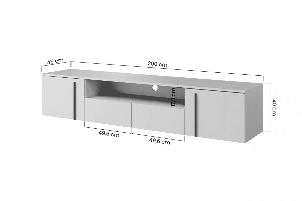 Larena 200 cm függő TV-szekrény fiókokkal és nyitott polccal - fekete beton / fekete fogantyúk TV-szekrény függő Larena 200 cm fiokokkal i wneka - fekete beton / fekete fogantyúk