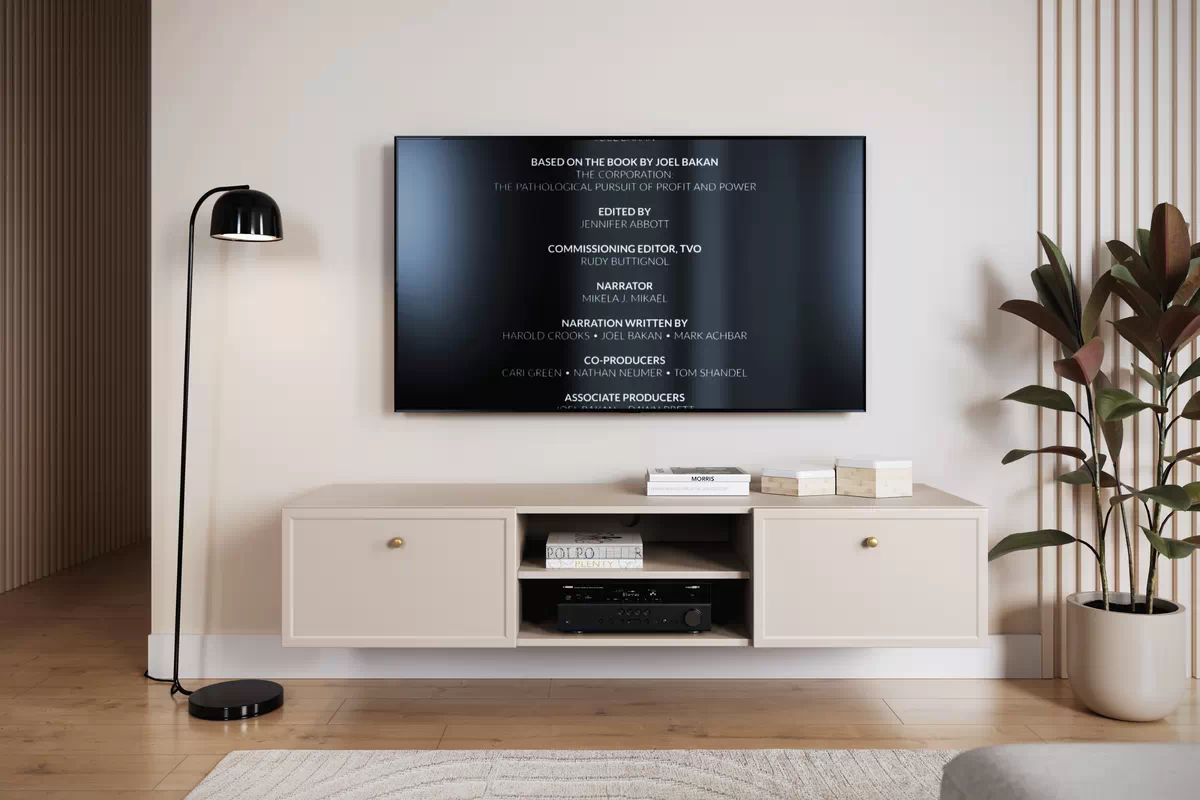 Závesný TV stolík Lorini 150 cm so zásuvkami – kašmírová / zlaté úchytky TV skrinka závesná Lorini 150 cm so zásuvkami - kašmír / zlote úchyty
