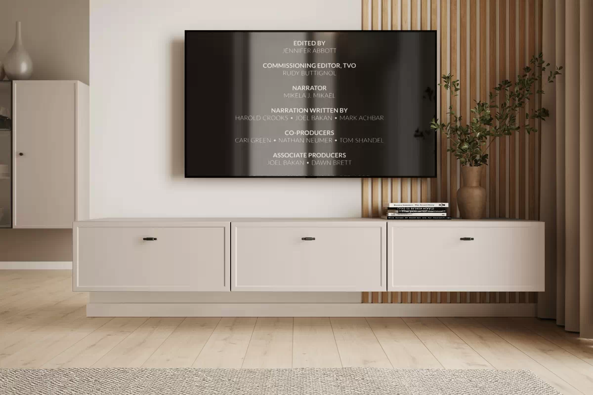Závesný TV stolík Lorini 200 cm so zásuvkami – kašmírová / čierne úchytky T-bar TV skrinka závesná Lorini 200 cm so zásuvkami - kašmír / čierny úchyty T-bar