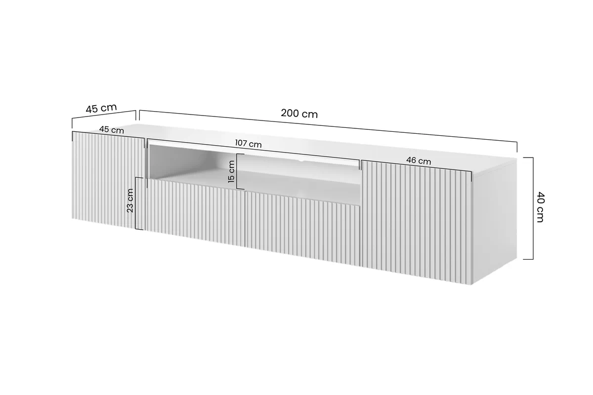 Závesný TV stolík Nicole 200 cm s otvorenou policou - biela / biely mat TV skrinka závesná Nicole z wneka i zásuvkami 200 cm - biela / biela mat