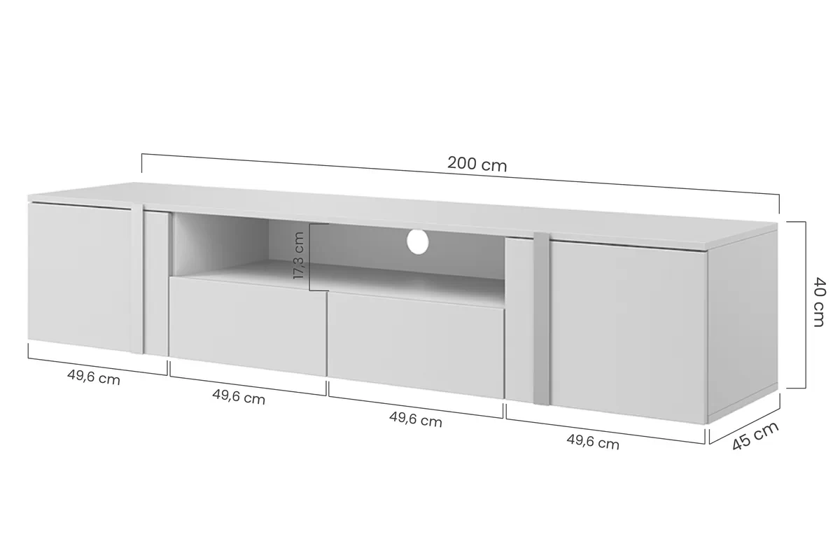 Závesný TV stolík Verica TV stolík Nicole 200 cm s otvorenou policou - charcoal / zlaté úchytky TV skrinka závesná Verica 200 cm so zásuvkami i metalowymi uchwytami - Čierny beton / zlote úchyty