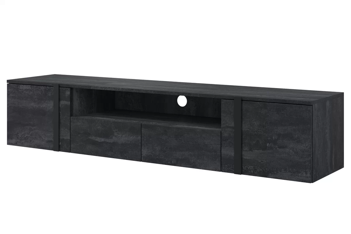 Závesný TV stolík Verica TV stolík Nicole 200 cm s otvorenou policou - charcoal / čierne úchytky TV skrinka závesná Verica 200 cm so zásuvkami i wneka - Čierny beton / čierny úchyty