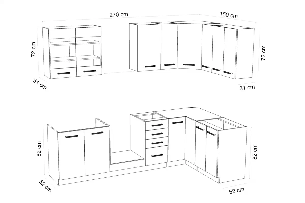 Kuchyňská sestava Amox 270x150 cm - ferrara béžový dub / tmavě hnědé legno Komplet nábytku kuchennych Amox 270x150cm - dub ferrara béžová / tmavé legno hnědá