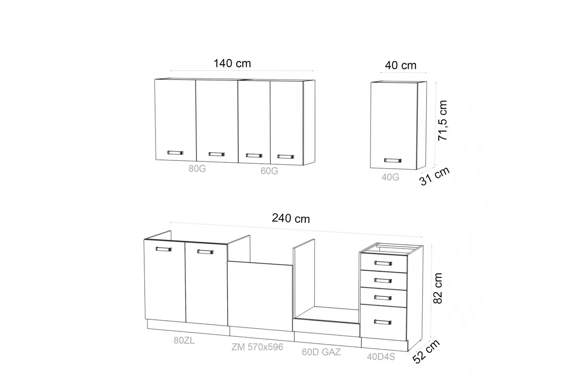 Komplet nábytku kuchynského Elko 240cm z miejscem na zmywarke - Biely Komplet nábytku kuchynského Elko 240cm z miejscem na zmywarke - Biely