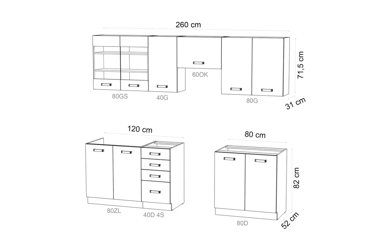 Kuchynská linka Elko 260cm z miejscem pod rúru - biely Komplet nábytku kuchynského Elko 260cm z miejscem pod rúru - Biely