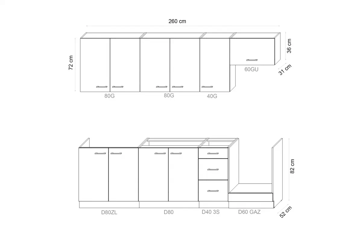 Kuchyňa Emirel - Zostava 2,6 m - Kuchynská linka Komplet nábytku kuchynského Emirel 260cm - Čierny mat / Dub artisan