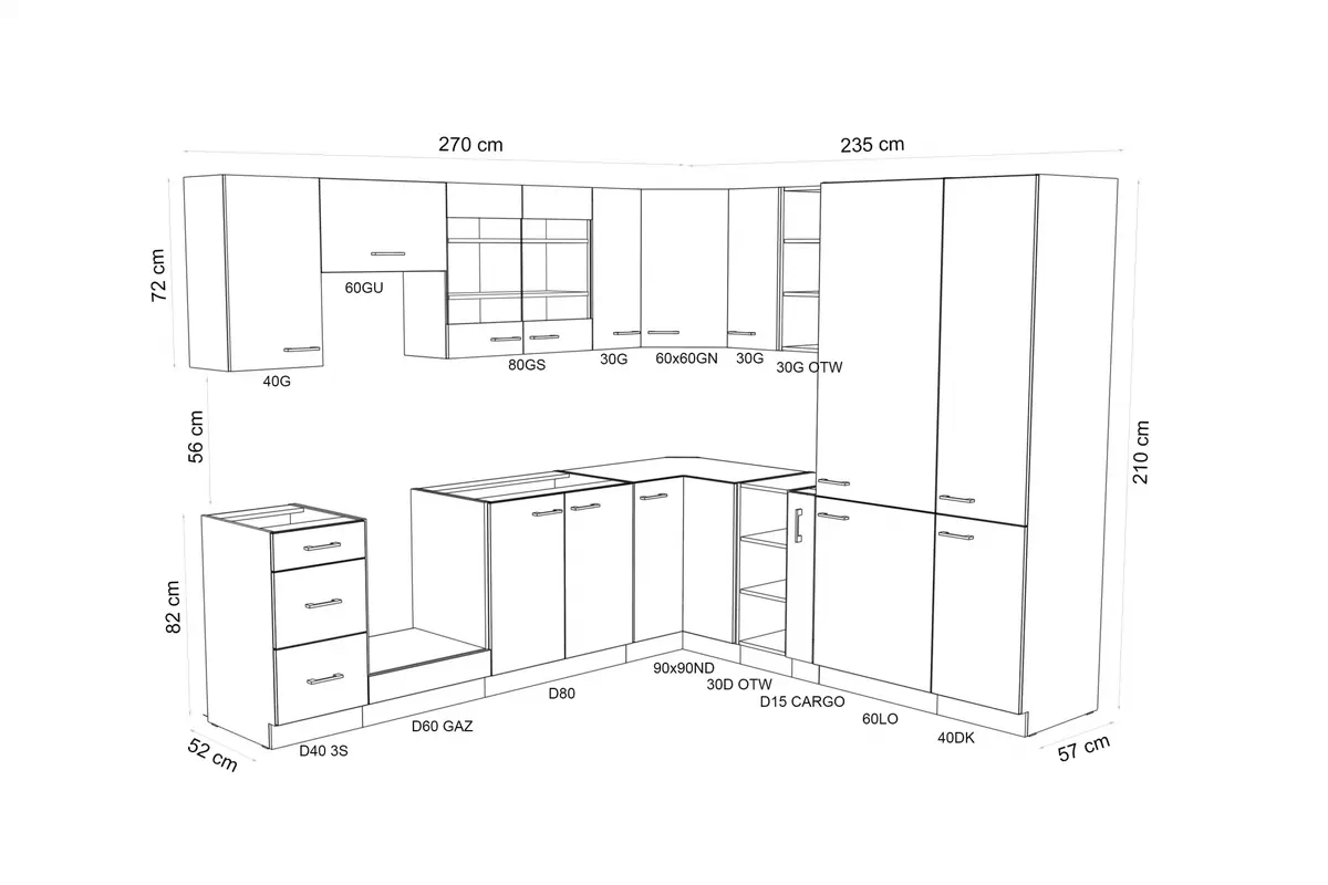 Kuchyňa Emirel - Zostava 2,7x2,35 m - Kuchynská linka Komplet nábytku kuchynského Emirel 270x235cm - Čierny mat / Dub artisan