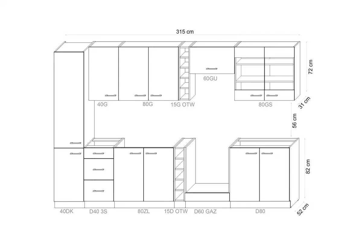 Kuchyňa Emirel - Zostava 3,15 m - Kuchynská linka Komplet nábytku kuchynského Emirel 315cm - Čierny mat / Dub artisan