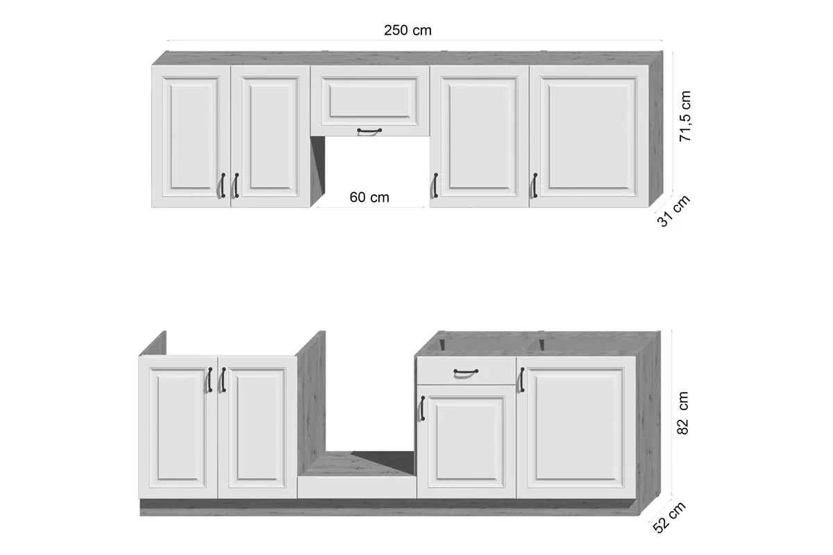 Kuchynský set Estella 250 cm so skrinkou nad digestor - dub artisan / biely mat Komplet nábytku kuchynského Estella 250cm z szafka nad okapem - biely mat / Dub artisan