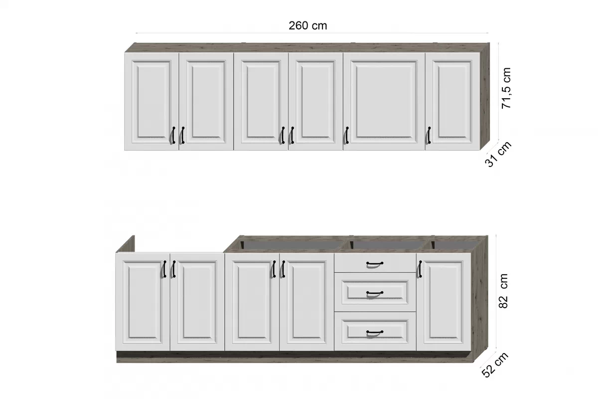 Kuchynský set Estella 260 cm - dub artisan / biely mat Komplet nábytku kuchynského Estella 260cm - biely mat / Dub artisan