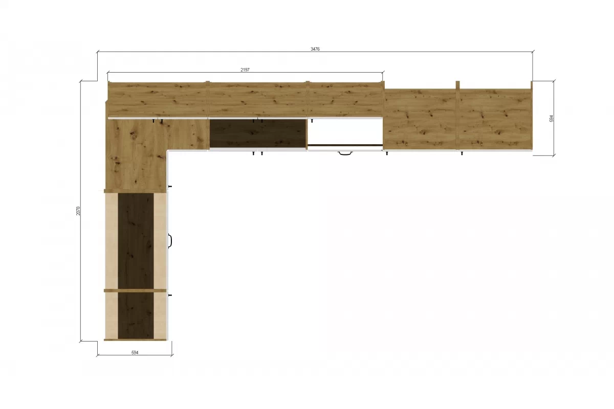 Kuchyňská linka Estella 350x210 cm - dub artisan / bílý mat Komplet nábytku kuchennych Estella 350x210cm - Rozměry